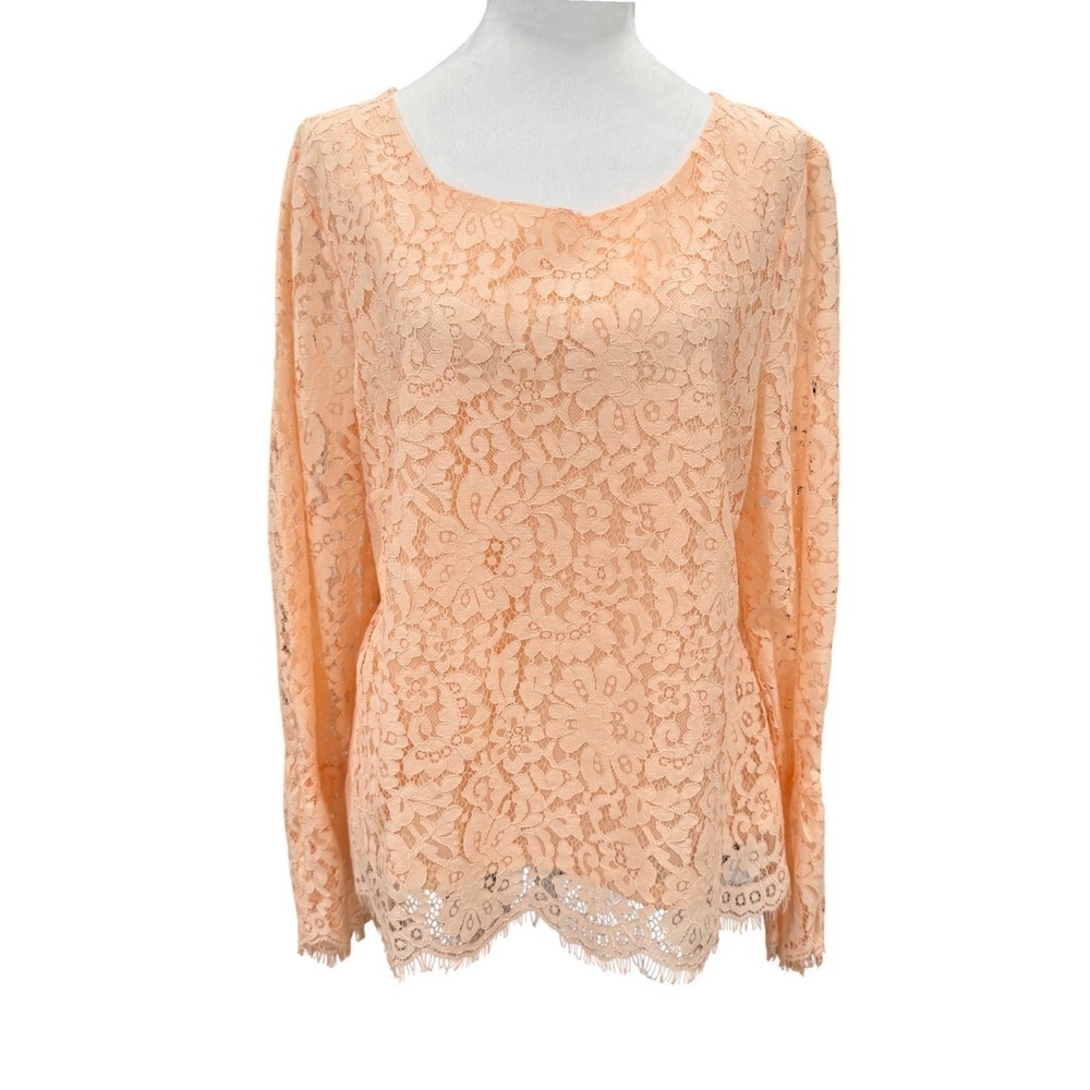 Rose + Olive Lace Top Women XL Peach Bell Sleeve Floral Eyelash Trim